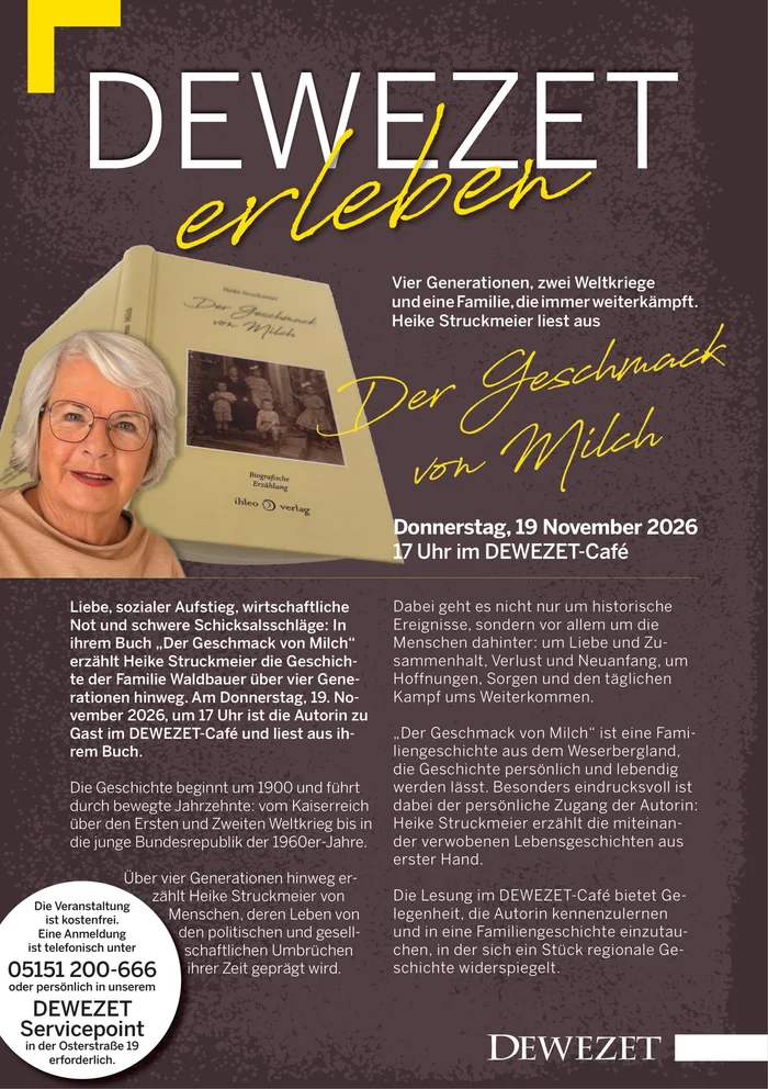 Werbeblatt: Heike Struckmeier liest aus Der Geschmack von Milch, DEWEZET-Café Hameln, 19. November 2026, 17 Uhr